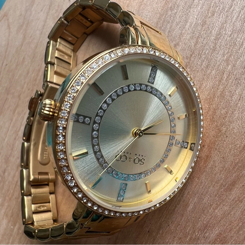 So&CO ladies gold tone crystal watch NEW BATTERY